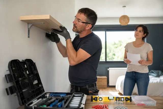 Professionnel fixe une étagère murale dans un salon lumineux avec outils rangés.
