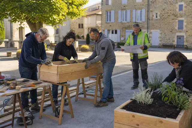 Habitants assemblant des jardinières en bois sur une place de village