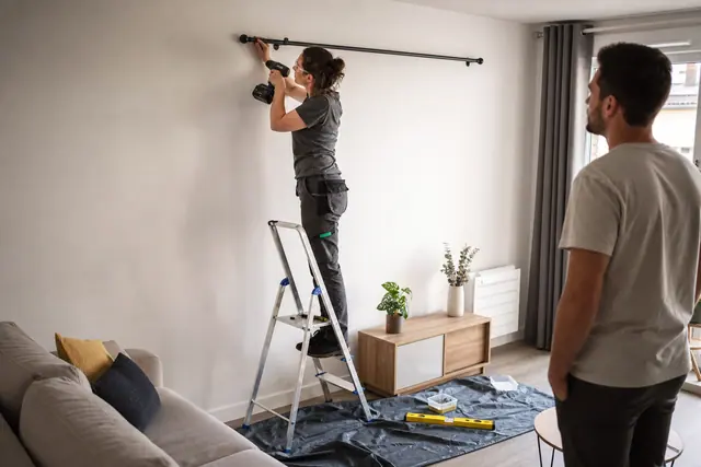 Intervenante équipée posant une tringle dans un salon avec outils rangés.