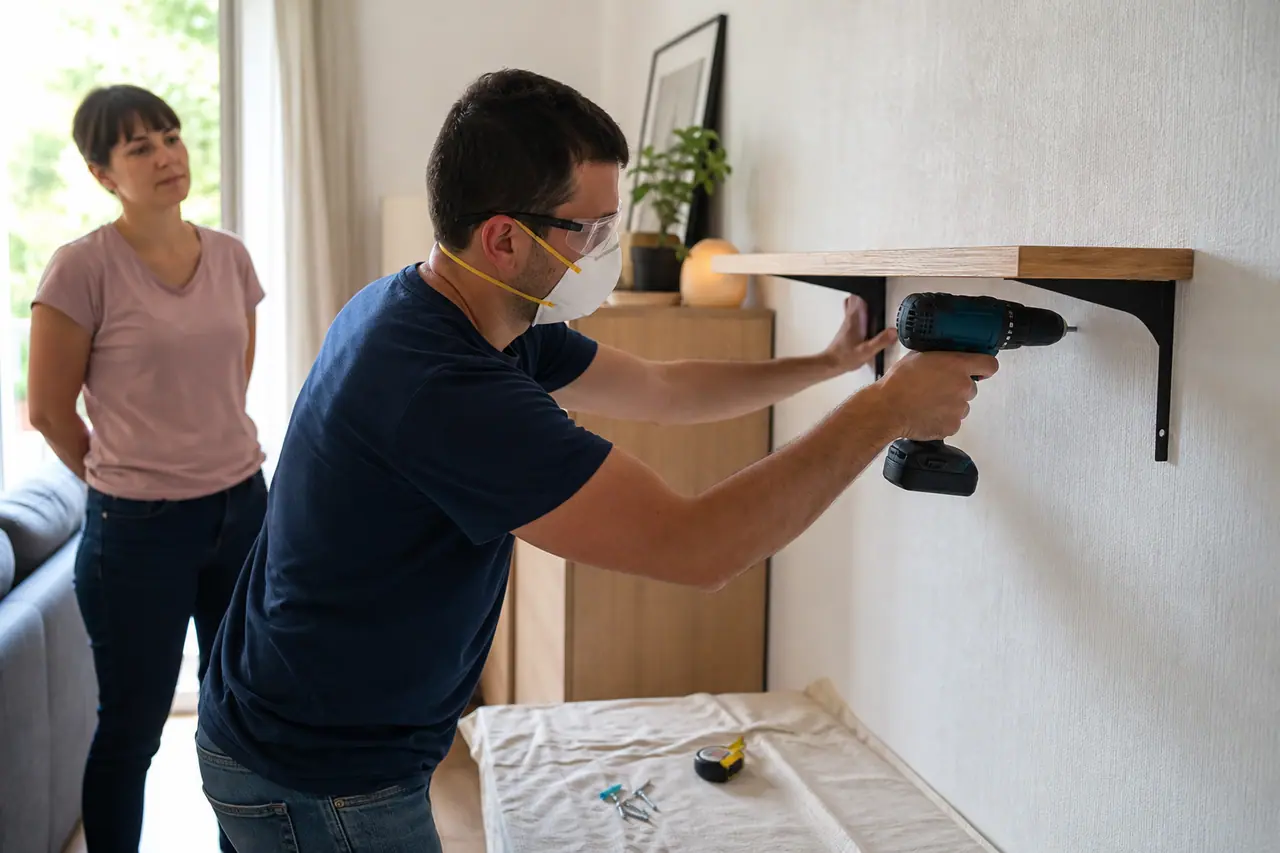 Intervenant équipé fixant une étagère dans un salon avec cliente présente.