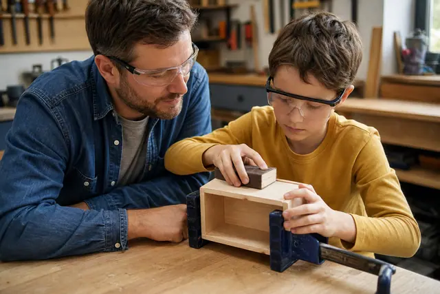 Enfant encadré ponçant une petite boîte en bois sur établi stable.