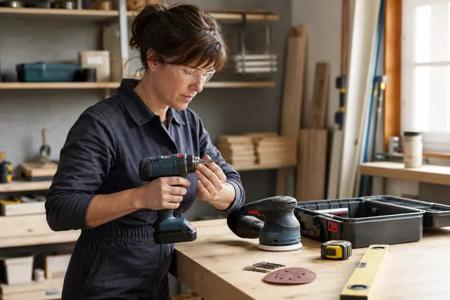 Bricoleuse préparant perceuse, ponceuse et outils manuels sur un établi.