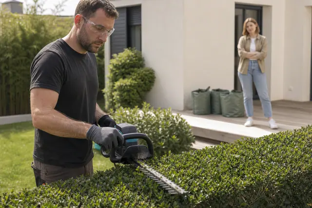 Jardinier indépendant taillant une haie basse en sécurité dans un jardin résidentiel.