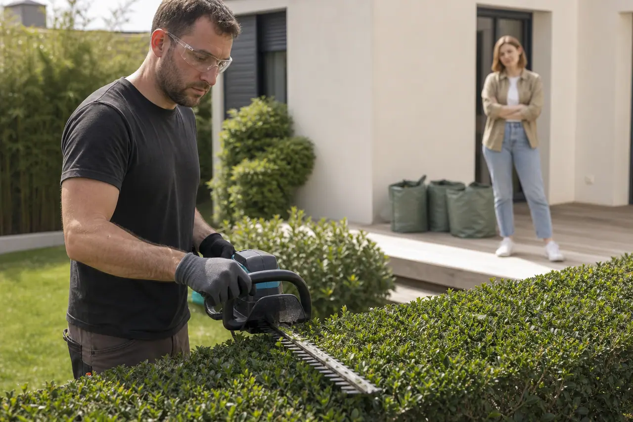 Jardinier indépendant taillant une haie basse en sécurité dans un jardin résidentiel.