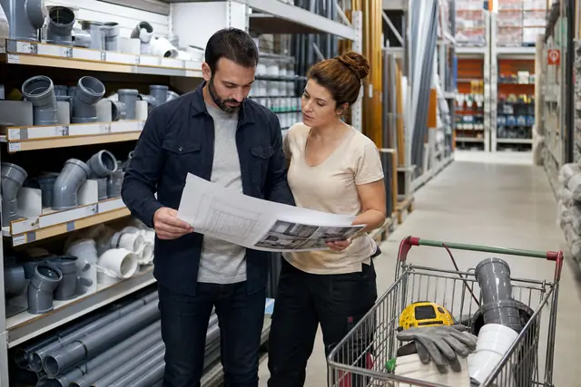 Client et conseillère préparent un panier de matériaux avec un plan coté.