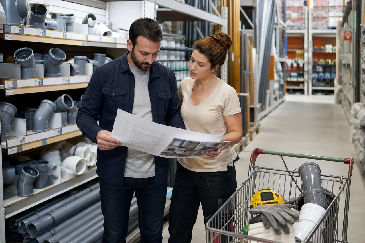 Client et conseillère préparent un panier de matériaux avec un plan coté.