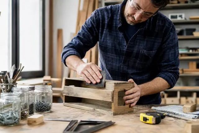 Caisse en bois récupérée poncée sur un établi avec bocaux de vis