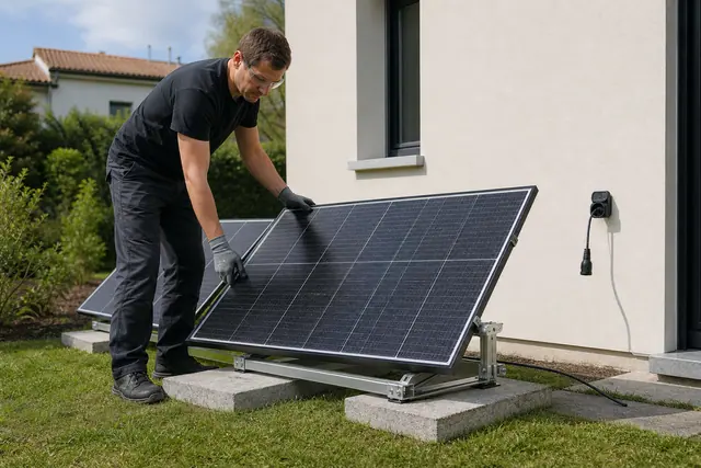 Particulier fixant un panneau solaire sur support lesté dans un jardin.