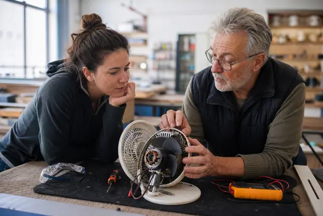 Bénévole et participante diagnostiquent un petit ventilateur débranché sur un établi.