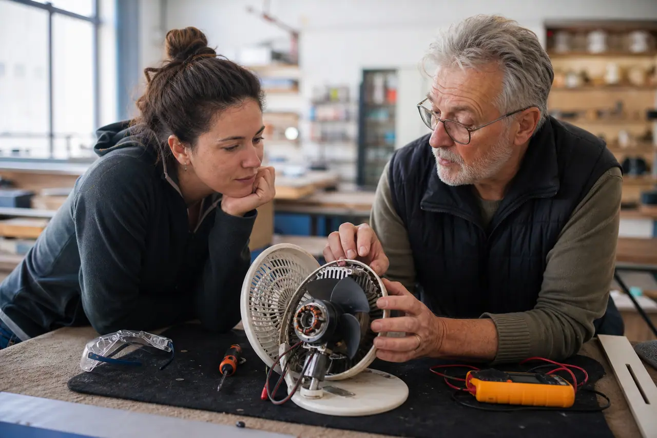 Bénévole et participante diagnostiquent un petit ventilateur débranché sur un établi.