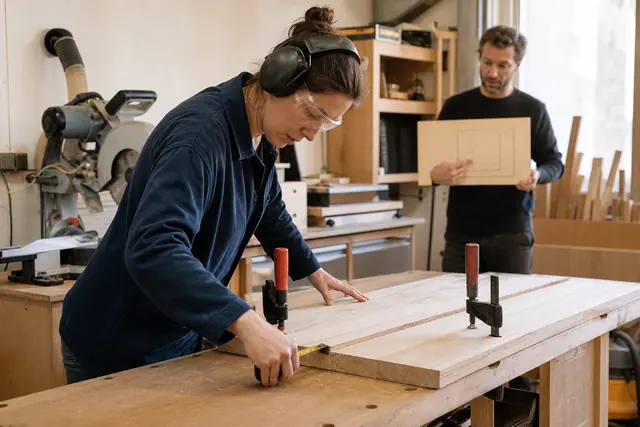 Débutante mesurant une planche bridée dans un atelier collectif sécurisé.