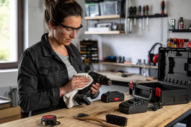 Bricoleuse nettoyant une visseuse et ses accessoires sur un établi lumineux