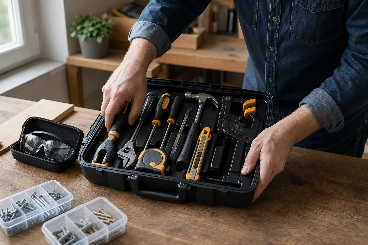 Boîte compacte ouverte avec outils manuels rangés sur un établi en bois.