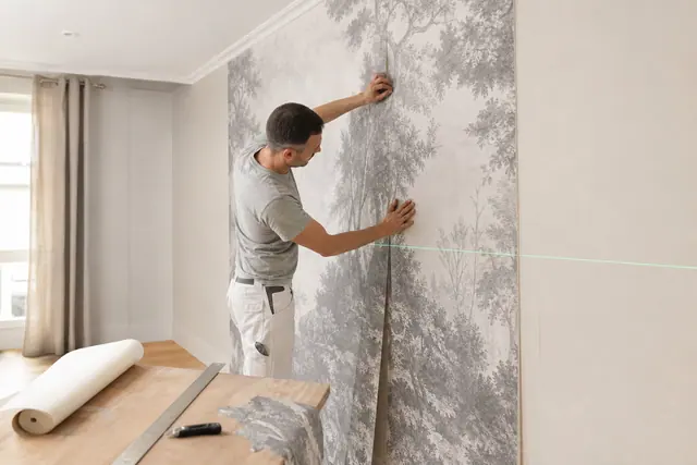 Pose soignée de papier peint panoramique sur un mur de salon préparé.