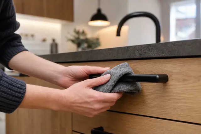 Poignée noire satinée sur meuble en chêne, assortie au robinet et luminaire.