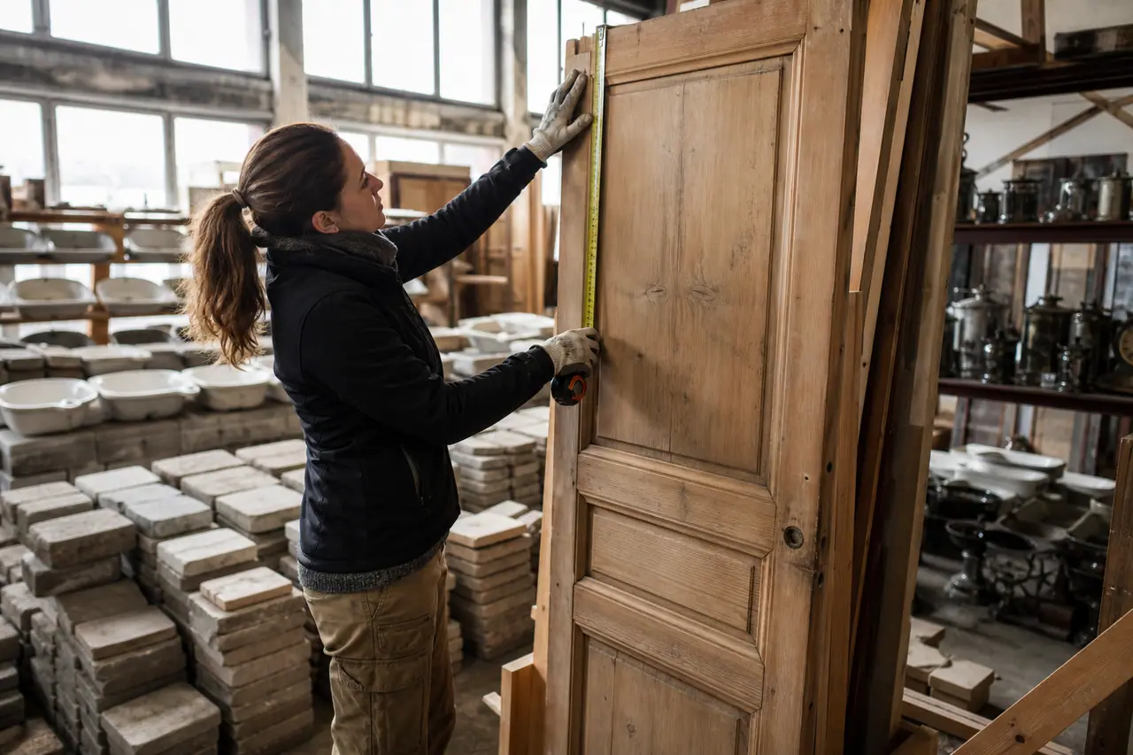 Personne mesurant une porte en bois dans un dépôt de réemploi.