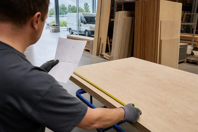 Client préparant une liste de coupe devant des panneaux de bois en magasin