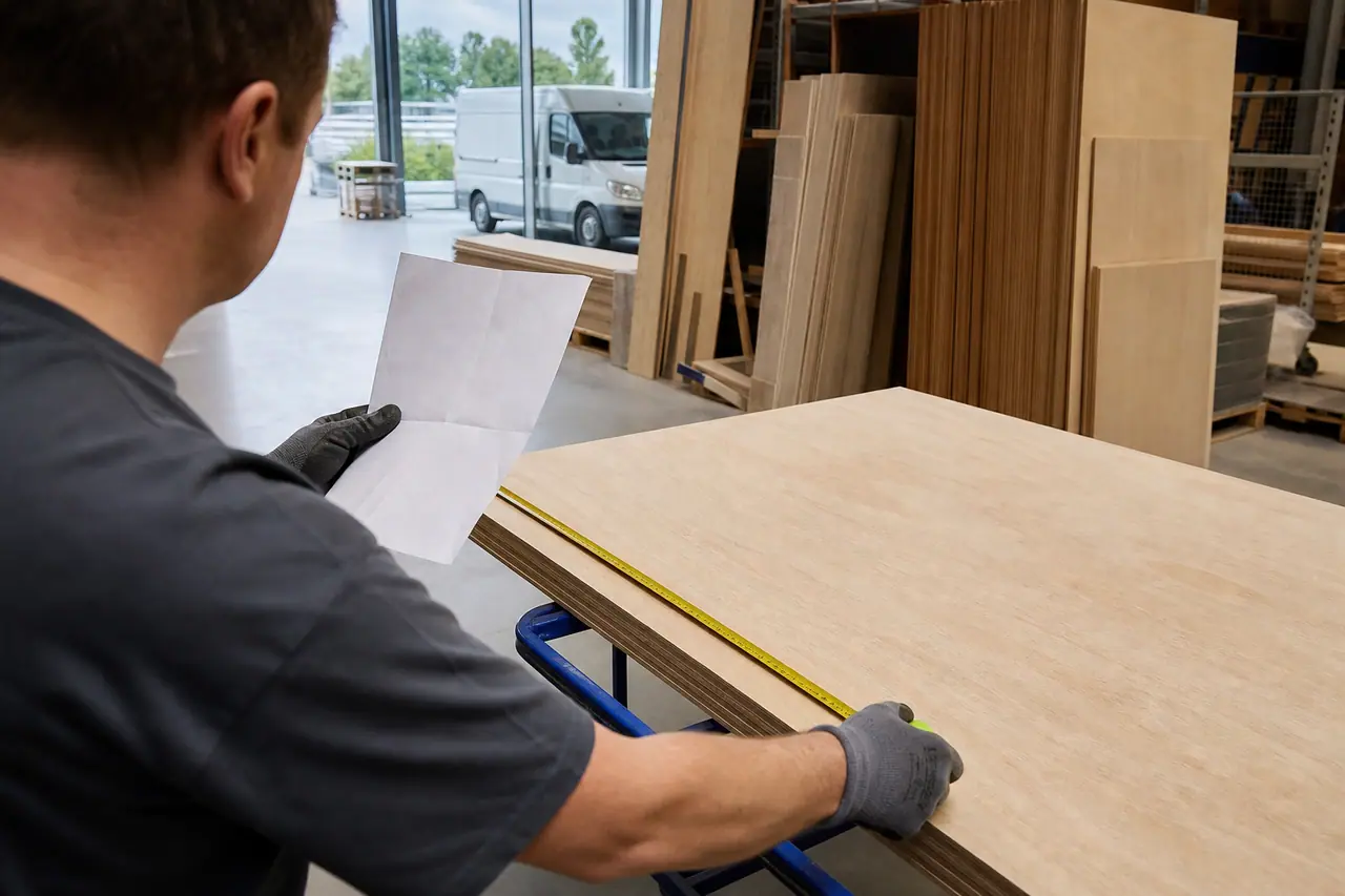 Client préparant une liste de coupe devant des panneaux de bois en magasin
