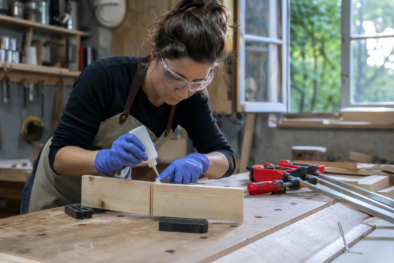Bricoleuse équipée préparant un collage sur bois dans un atelier aéré