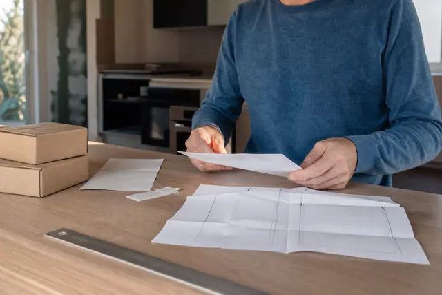 Dossier de commande et cartons de bricolage sur une table de rénovation.