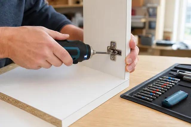 Assemblage précis d’un meuble avec un tournevis électrique compact et un embout adapté.