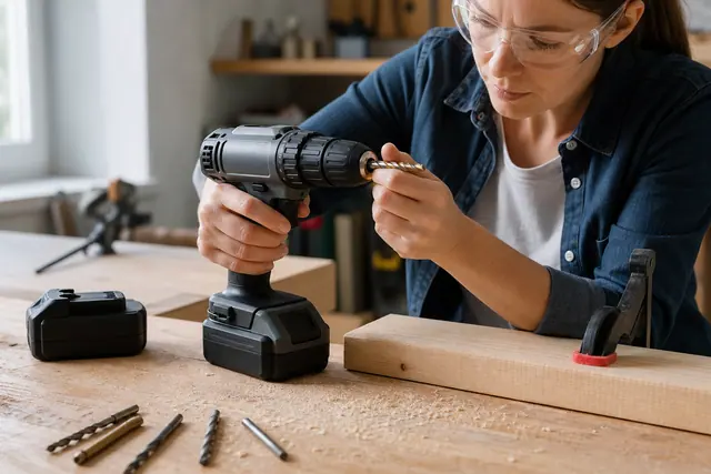Bricoleuse réglant une perceuse-visseuse sans fil sur une planche de bois