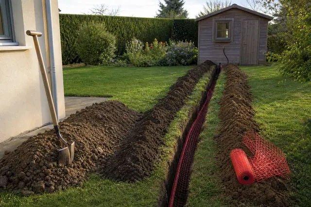 Tranchée ouverte dans une pelouse avec gaine rouge et grillage avertisseur vers un abri de jardin