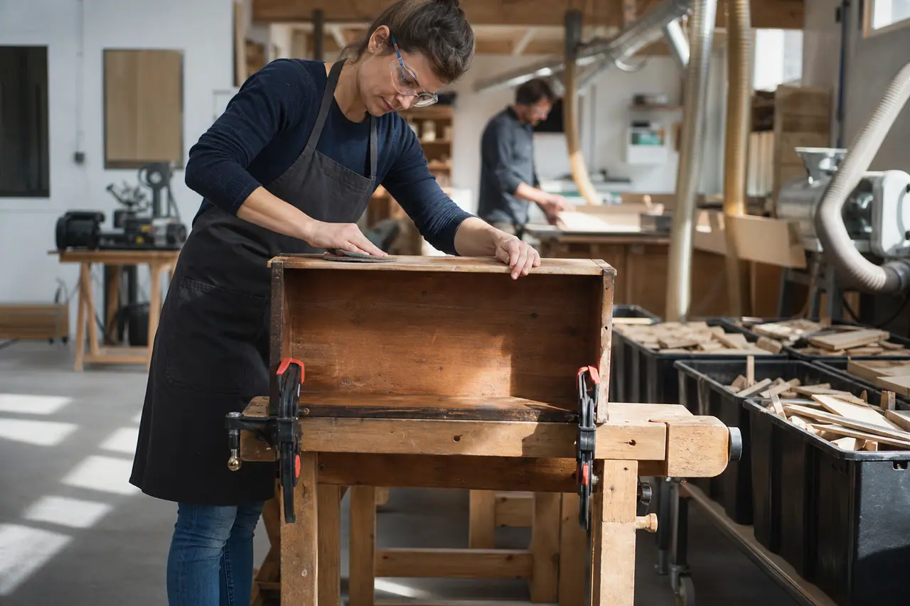 Débutante ponçant un vieux tiroir dans un atelier partagé sécurisé.