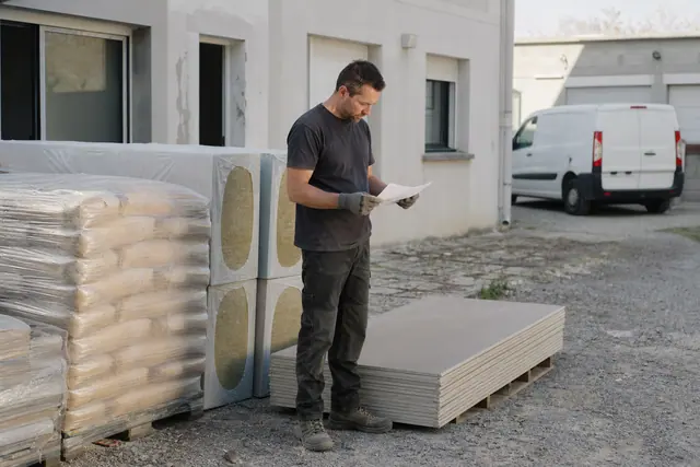 Particulier comparant des matériaux de rénovation devant des palettes et un utilitaire.