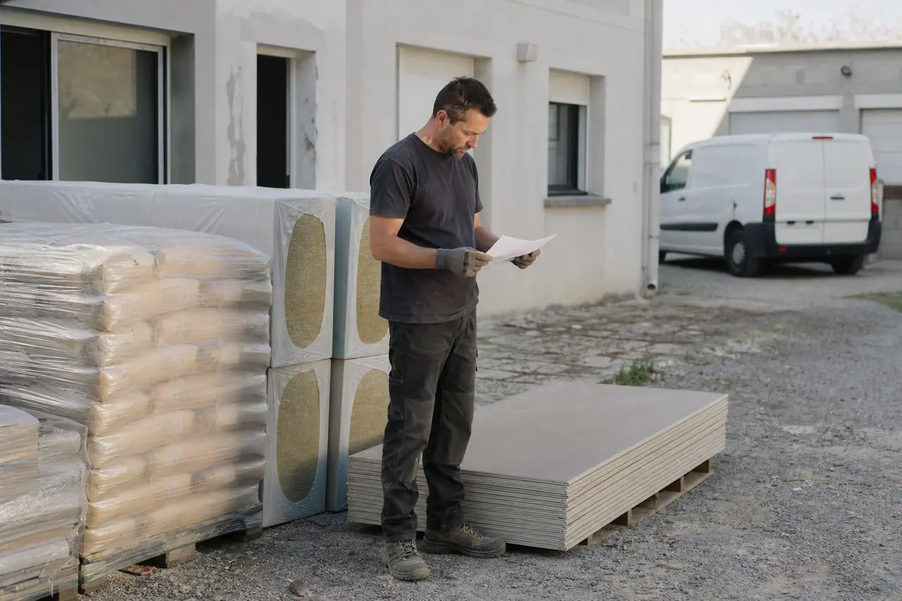 Particulier comparant des matériaux de rénovation devant des palettes et un utilitaire.