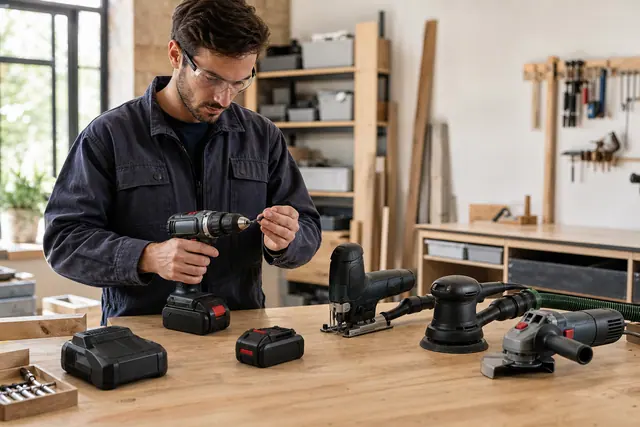 Établi de bricolage avec perceuse, scie sauteuse et ponceuse rangées