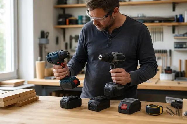 Deux visseuses sans fil et batteries rangées sur un établi d’atelier.