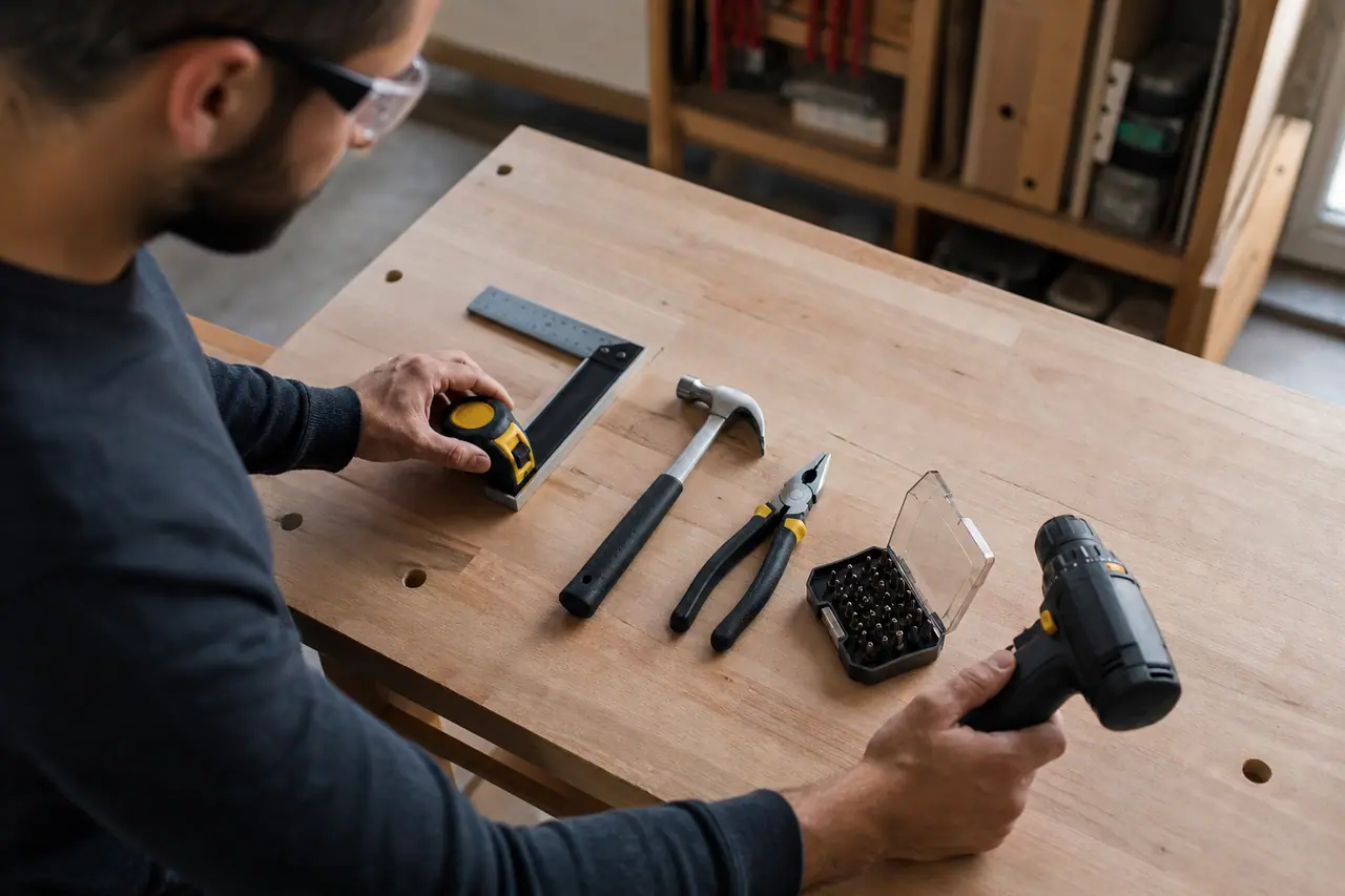 Kit d’outils de bricolage débutant rangé sur un établi en bois.
