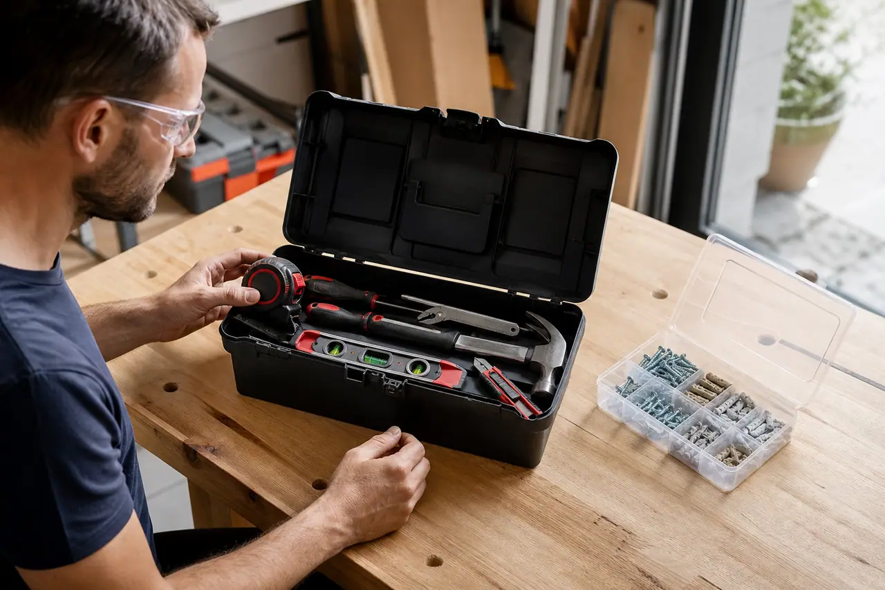 Caisse à outils débutant avec mètre, marteau, tournevis et pinces sur établi.
