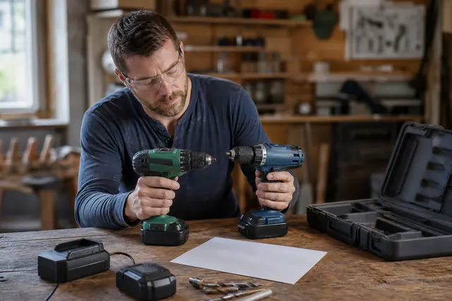 Bricoleur comparant une perceuse sans fil, batteries et accessoires sur un établi.