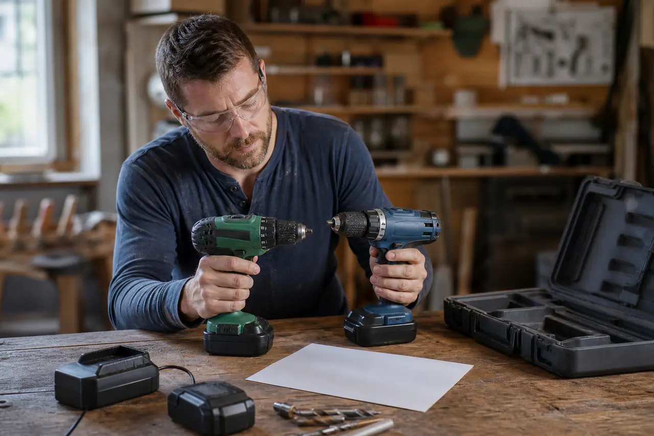 Bricoleur comparant une perceuse sans fil, batteries et accessoires sur un établi.