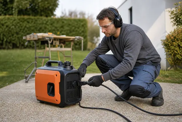 Bricoleur branchant un groupe inverter dehors avec une rallonge de chantier sécurisée.