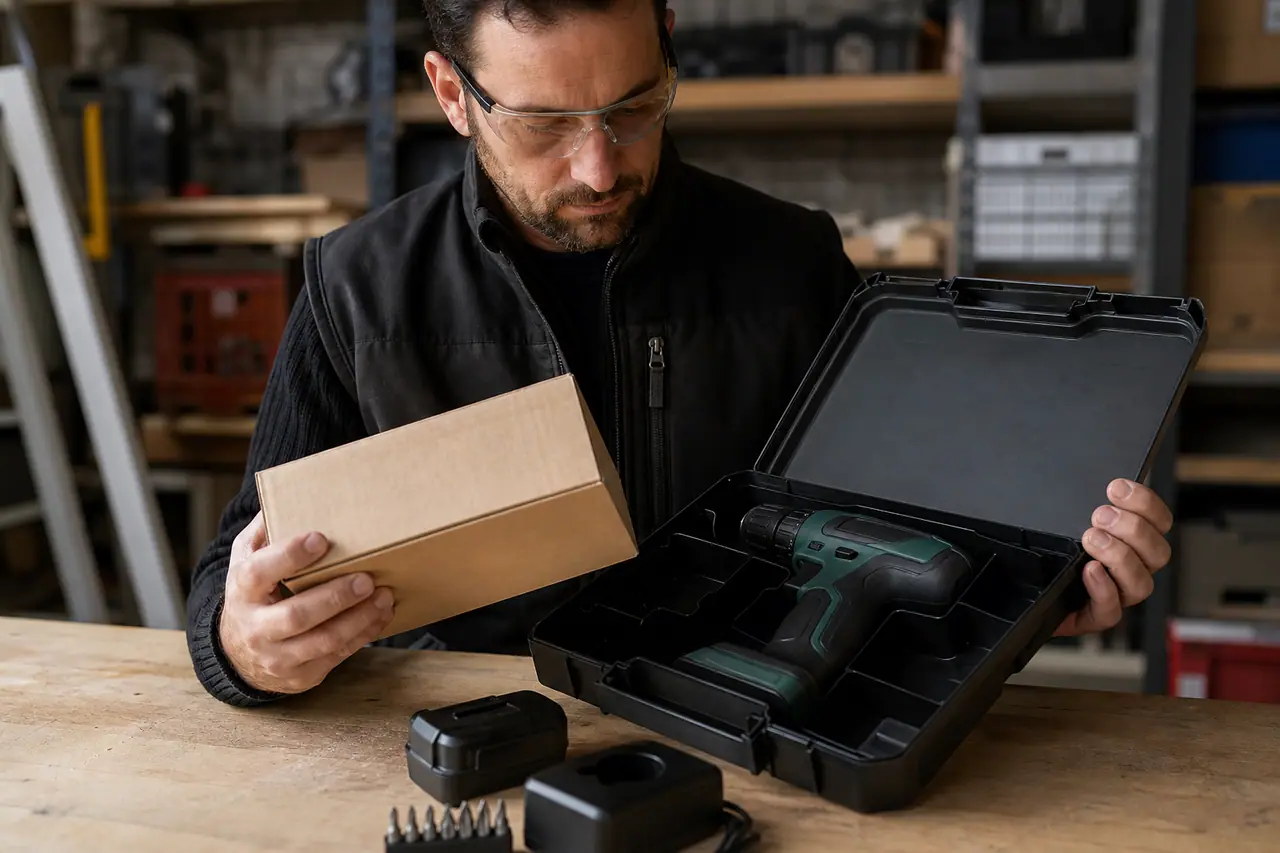 Acheteur contrôlant le contenu d’un coffret de visseuse sans fil sur établi.