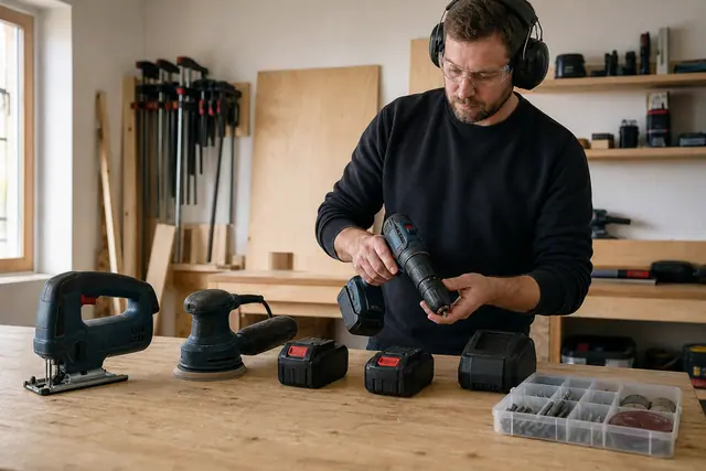Outils sans fil, batteries et chargeur rangés sur un établi de bricolage.
