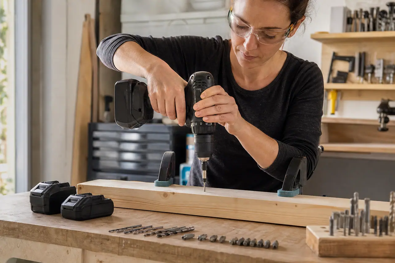 Bricoleuse réglant une perceuse-visseuse 18 V avant de fixer une étagère