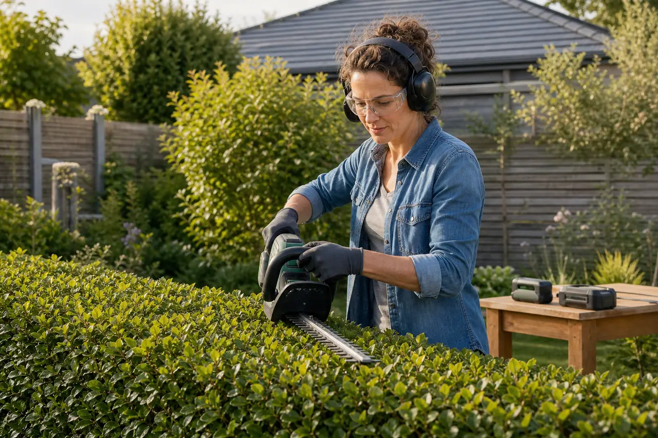 Jardinière utilisant un taille-haie sans fil avec protections dans un jardin