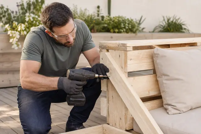 Banquette extérieure en palettes poncées avec coussins sur une terrasse en bois.