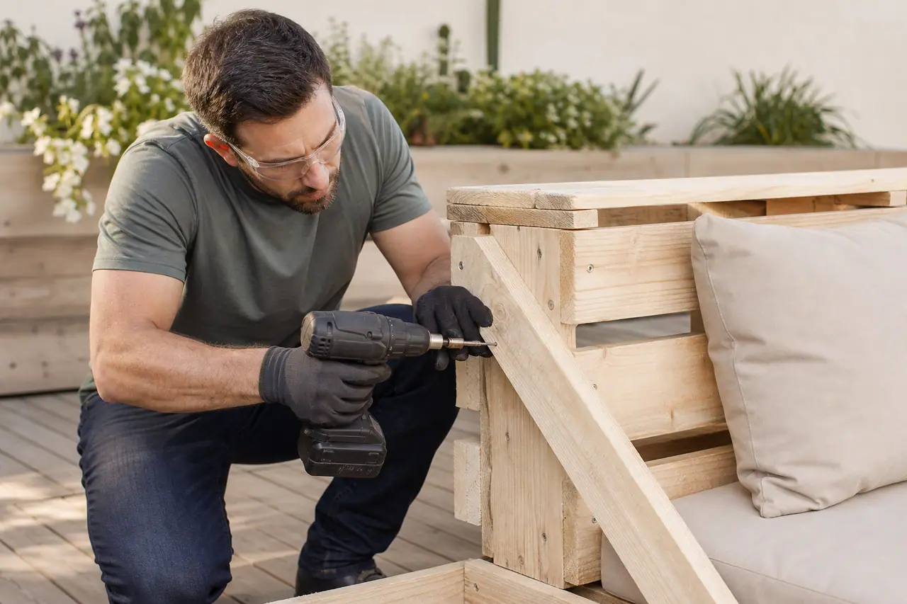 Banquette extérieure en palettes poncées avec coussins sur une terrasse en bois.