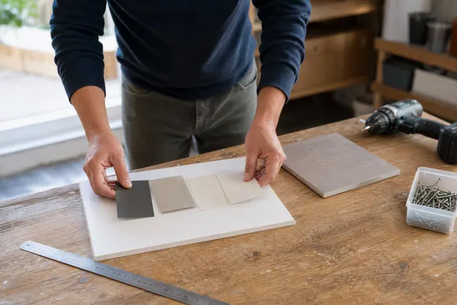 Comparaison d’échantillons de peinture, carrelage et outillage sur un établi domestique.