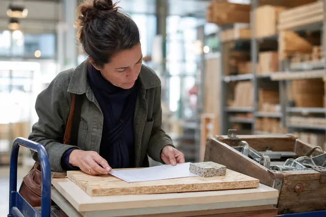 Cliente comparant un panneau de bois certifié et des matériaux de réemploi.