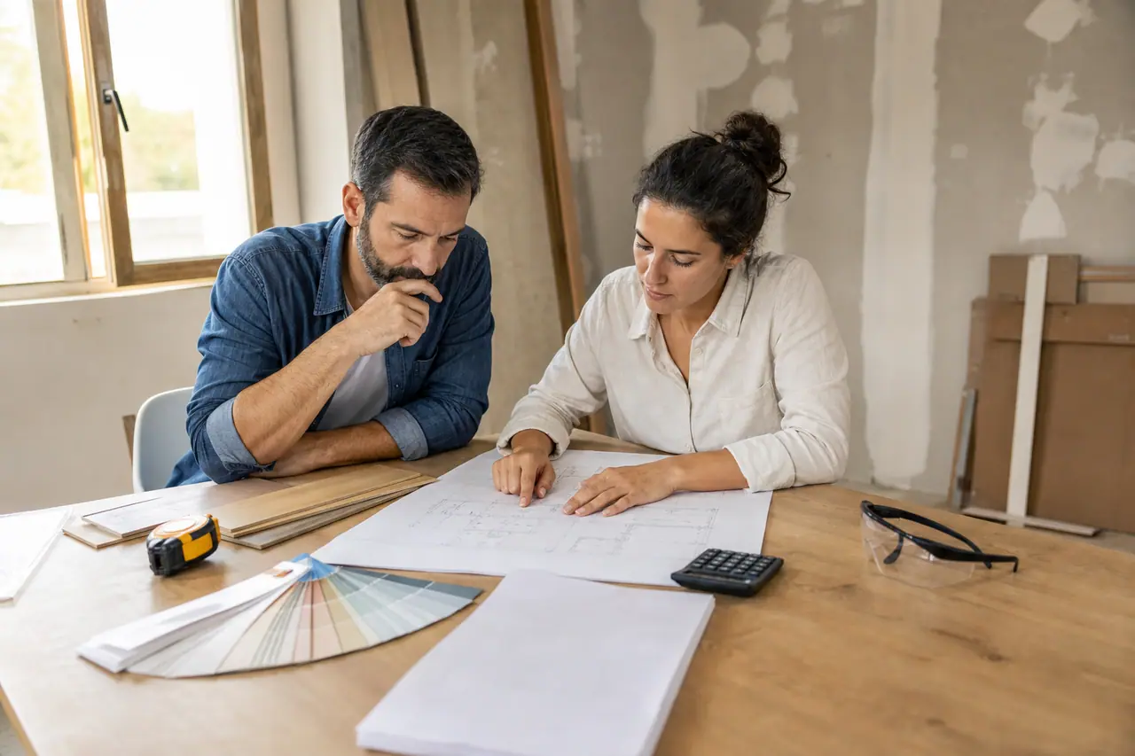 Couple préparant le budget et le calendrier de rénovation d’une pièce.