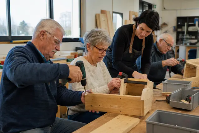 Des seniors assemblent une jardinière en bois dans un atelier encadré et lumineux.