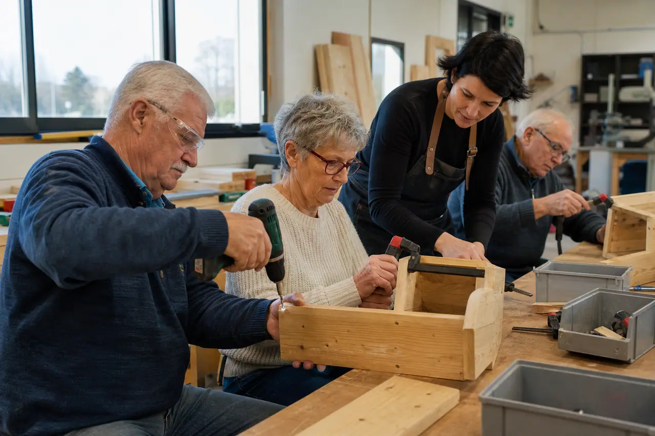 Des seniors assemblent une jardinière en bois dans un atelier encadré et lumineux.