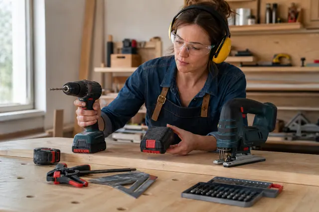 Bricoleuse comparant une perceuse sans fil et une scie sur établi.