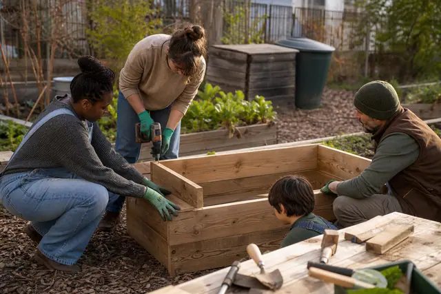 Habitants construisant un bac potager dans un jardin collectif urbain.